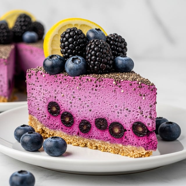 A slice of purple chia seed pudding cheesecake sits on a white plate with a crumbly light brown crust at the bottom. The middle layer is a thick, smooth purple pudding filled with visible dark whole blueberries inside. The top layer is covered with tiny chia seeds embedded in the purple surface. On top of the cheesecake, there is a cluster of fresh blackberries and blueberries, with a slice of lemon behind them, partially visible. Around the plate, a few extra blueberries are scattered. The background is a white marbled texture. Photo taken with an iphone --ar 4:5 --v 7