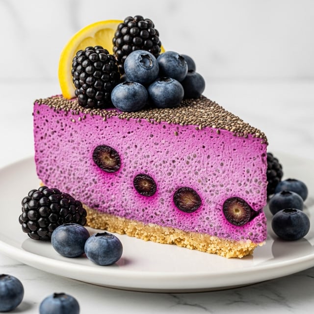 A close-up view of a slice of purple berry cheesecake with three visible layers: a bottom light tan crust that looks crumbly, a thick middle layer of creamy light purple filled with dark purple blueberries embedded inside, and a topping layer of small chia seeds mixed into the purple filling. On top, there is a cluster of fresh dark blackberries and blueberries, along with a thin bright yellow lemon slice placed behind the berries. The cheesecake lies on a white plate on a white marbled surface, with extra blueberries scattered around. A woman's finger gently touches the crust edge near the front of the slice. Photo taken with an iphone --ar 4:5 --v 7