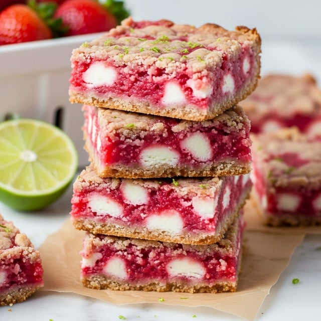 A stack of four square pink dessert bars is shown, each bar having a crumbly texture with visible small white chunks inside. The bars are stacked evenly, with light green zest sprinkled on top and around the sides. The background features a white marbled surface with a white container holding red strawberries and a cut lime, adding freshness to the scene. photo taken with an iphone --ar 4:5 --v 7