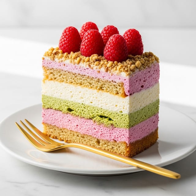 A slice of layered cake sits on a white plate with a golden fork beside it. The cake has five layers: a crumbly golden base, a pink creamy layer above it, a thick white creamy layer next, followed by a greenish layer with a soft texture, and the top is covered with crushed nuts and topped with fresh red raspberries. The background is a white marbled surface with soft light highlighting the colors and textures. Photo taken with an iphone --ar 4:5 --v 7
