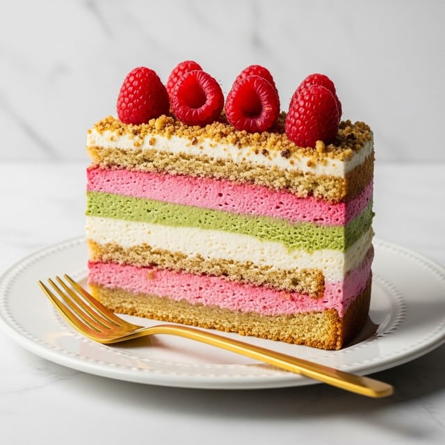 The image shows a slice of layered cake with four distinct layers on a white plate. The bottom layer is a golden brown crust, topped by a pink creamy layer, followed by a green layer that looks soft and smooth. The top of the cake is covered with green crumbs and bright red raspberries, with some more green crumbs scattered on the plate around the slice. A gold fork rests on the right side of the plate. The background features a white marbled surface, with blurred elements like a teacup and a bowl of raspberries. Photo taken with an iphone --ar 4:5 --v 7