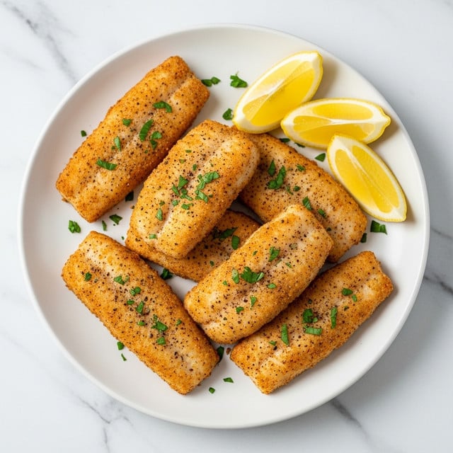 The dish shows four pieces of golden brown fried fish, each with a crispy, slightly charred texture and sprinkled with small green herb bits, arranged somewhat overlapping in the middle of a white plate. On the lower edge of the plate, there are three lemon wedges with pale yellow flesh and white rind. The surface beneath the plate is a white marbled texture. photo taken with an iphone --ar 4:5 --v 7