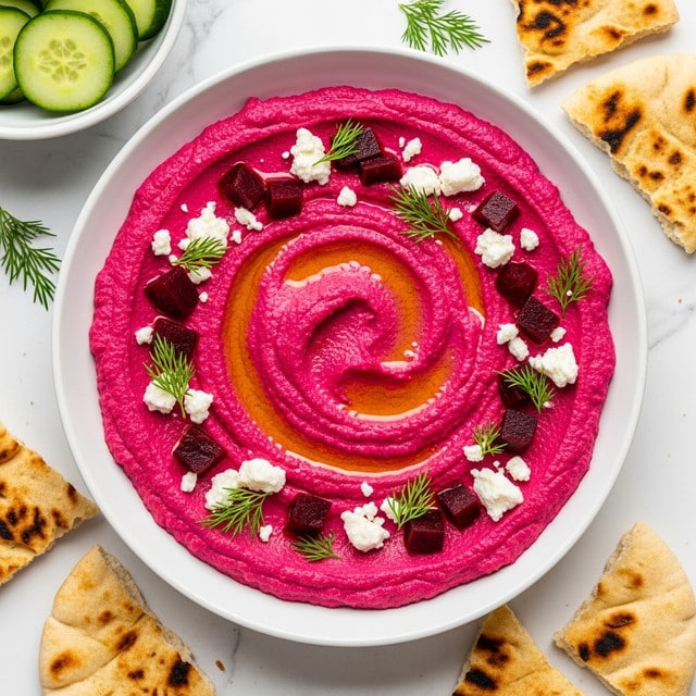 A large white bowl filled with a smooth, thick layer of bright pink beet hummus, spread in a swirl pattern with visible ridges on the surface. On top, scattered dark red beet cubes and soft white crumbled cheese create a contrast, while small green dill sprigs are dotted across for a fresh touch. A drizzle of golden olive oil shines gently over the dish, pooling slightly in the swirled grooves. Around the bowl on a white marbled surface, there are pieces of light golden pita bread, a small bowl of tan crackers, some fresh cucumber slices in a black dish, and extra dill sprigs. Photo taken with an iphone --ar 4:5 --v 7