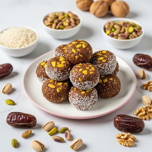 The image shows a round white plate with a slight pink border, filled with about a dozen round, thick discs. Each disc has a dark brown color mixed with pieces of yellow and lighter nuts, and they are coated with a thin layer of shredded white coconut flakes on the sides. The discs are stacked and overlapping at different angles in the center of the plate. Around the plate, there are scattered pistachio nuts and dates on a white marbled surface. A white bowl of white rice is visible in the top right corner, and a white bowl filled with pistachios is placed next to it. Photo taken with an iphone --ar 4:5 --v 7