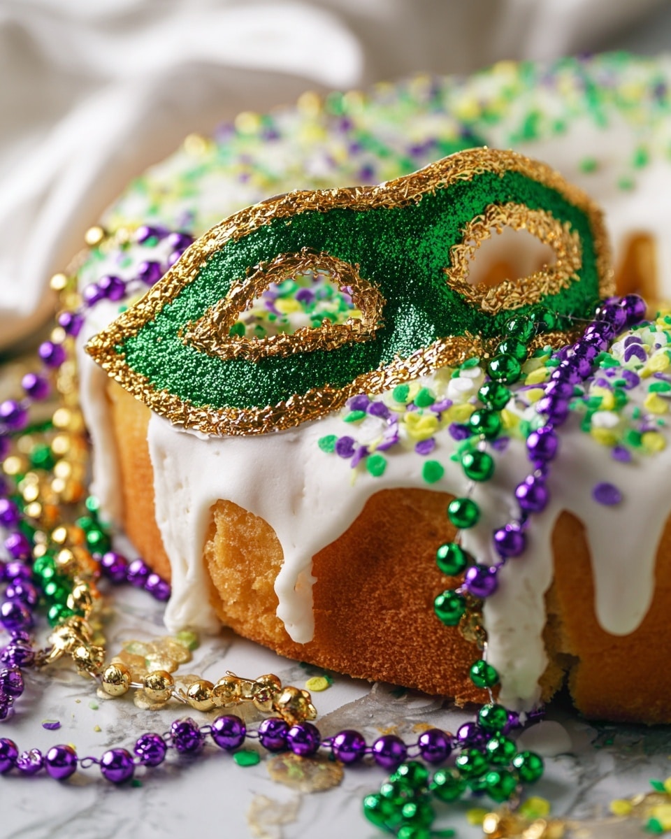 A close-up photo of a King Cake with one visible layer of golden brown cake topped with thick white icing. The icing is decorated with sparkling sugar crystals in green, purple, and gold, sprinkled unevenly. On top, there are shiny metallic bead necklaces draped loosely in green, purple, and gold colors. In the center of the cake, a small green glittery mask with gold trim rests, adding a festive look. The background is a white marbled texture. photo taken with an iphone --ar 4:5 --v 7