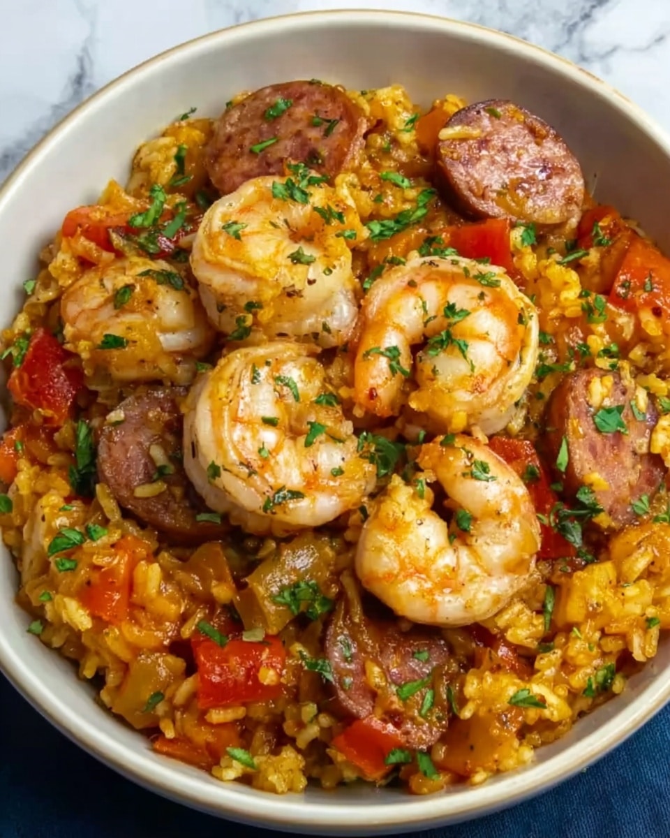 A white bowl filled with a colorful shrimp and sausage dish, showing several light pink shrimp with curled tails placed on top. Below the shrimp are browned sausage slices and chunks of cooked yellow rice mixed with orange bell peppers and small bits of green herbs sprinkled across the surface. The rice looks moist with a soft texture, and the shrimp shine slightly, indicating they are cooked but juicy. The bowl sits on a white marbled surface. photo taken with an iphone --ar 4:5 --v 7