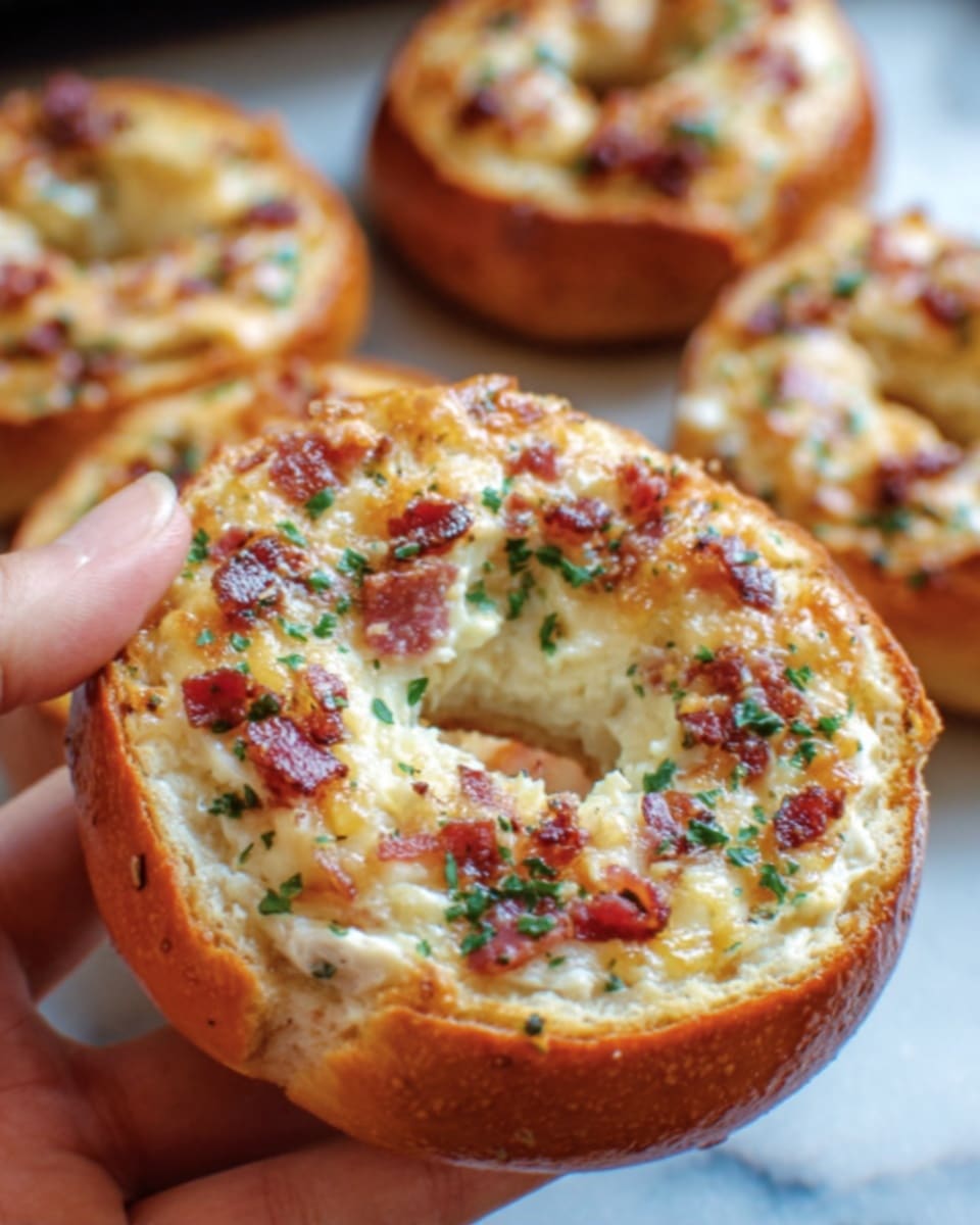 A close-up of a bagel held by a woman's hand, showing a thick, golden-brown crust with melted cheese on top mixed with small green herbs and bits of bacon. The bagel has a soft, light yellow inside and looks freshly baked. In the blurred background, there are more similar bagels placed on a white marbled surface. The focus is on the single bagel, highlighting its shiny, slightly crispy texture and colorful toppings. Photo taken with an iphone --ar 4:5 --v 7