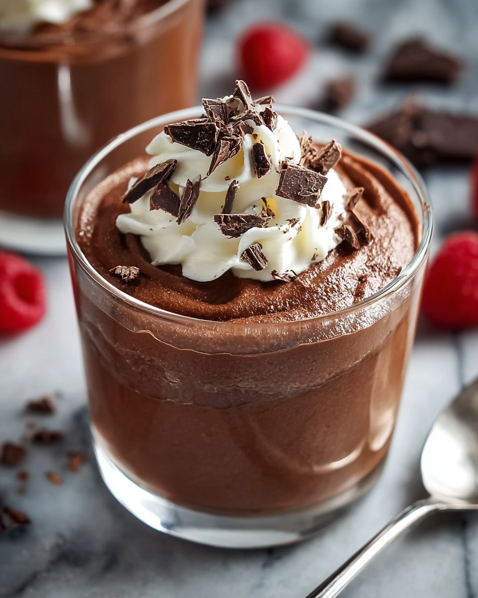 The image shows a glass cup filled with a thick, smooth, dark brown chocolate mousse. The mousse fills almost the entire cup and is topped with a small dollop of white whipped cream in the center. On top of the whipped cream and a little on the mousse, there are small, uneven pieces of dark chocolate scattered. The cup is placed on a white marbled surface with blurred raspberries and another similar glass in the background. A silver spoon lies next to the cup. photo taken with an iphone --ar 4:5 --v 7