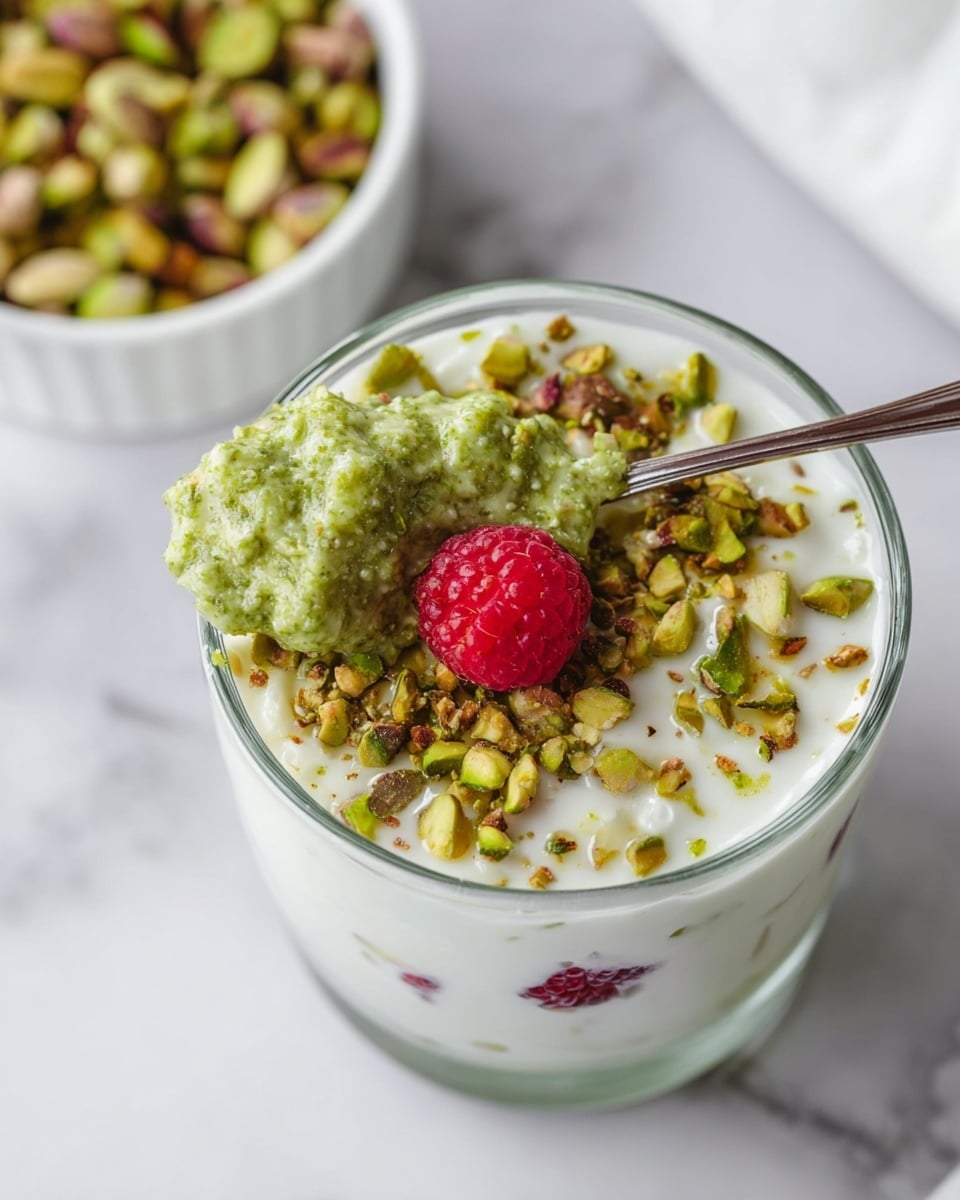 A close-up overhead view of a glass filled with a creamy white yogurt base topped with chopped green pistachios and a single bright red raspberry near the center. A silver spoon dips into the glass, lifting a thick, light green textured mixture above the yogurt, showing small nutty bits within. The glass is placed on a white marbled surface, with some loose pistachios scattered nearby in a white bowl. The scene is bright and clean, focusing on the creamy, nutty, and fruity details. photo taken with an iphone --ar 4:5 --v 7