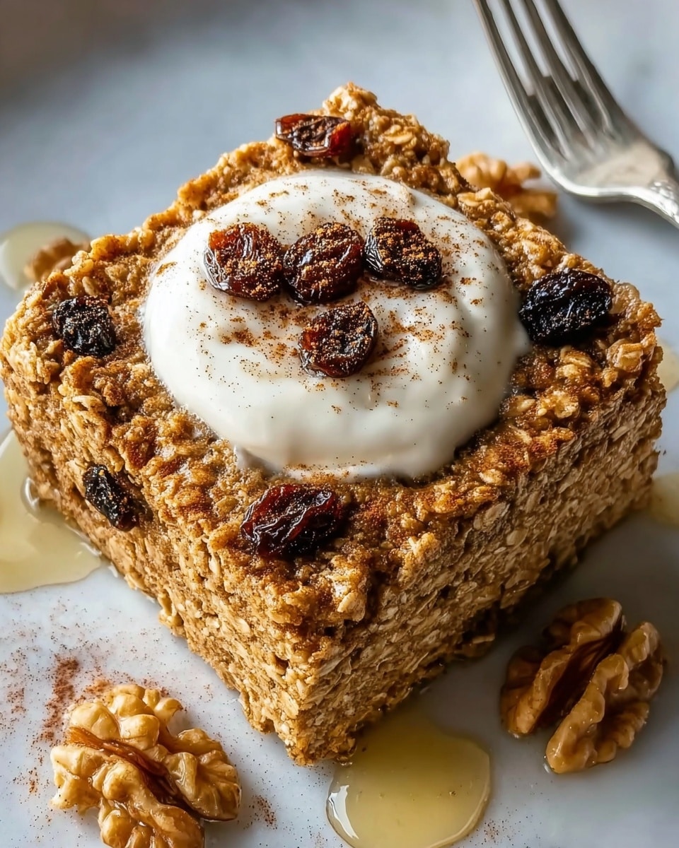 A square-shaped baked oatmeal piece sits on a white plate atop a white marbled surface, showing a textured outer layer of cooked oats that is light brown and slightly crispy. The middle top is topped with a dollop of smooth white yogurt sprinkled with ground cinnamon. Scattered atop and around the yogurt are a few dark brown raisins, with walnut halves placed on one corner of the oatmeal and also around the plate. A light amber syrup is drizzled on and around the oatmeal, soaking slightly into the oats. Photo taken with an iphone --ar 4:5 --v 7