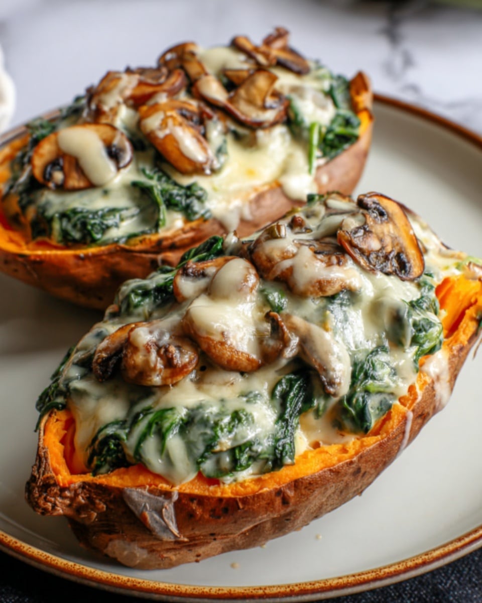 Two baked sweet potato halves are topped with cooked spinach, sliced brown mushrooms, and melted white cheese. The cheese is creamy and slightly browned on top, covering the mushrooms and spinach. The sweet potatoes have a golden-orange color with a soft, cooked texture. They are placed side by side on a white plate with a soft shadow, all set against a white marbled surface. Photo taken with an iphone --ar 4:5 --v 7