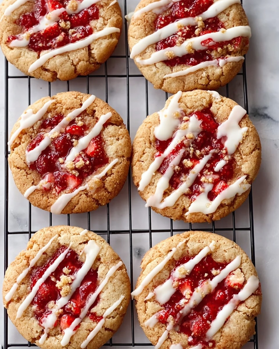 The image shows six round cookies placed on a gray metal cooling rack over a white marbled surface. Each cookie has a light golden-brown base layer with a crumbly texture, topped with a layer of glossy red strawberry jam mixed with small fresh strawberry pieces. On top of the jam, there are small crumbs of light brown streusel and a white icing drizzle in a zigzag pattern. The cookies are arranged closely, filling most of the image with their vibrant red and creamy white colors contrasting against the golden cookie base. photo taken with an iphone --ar 4:5 --v 7