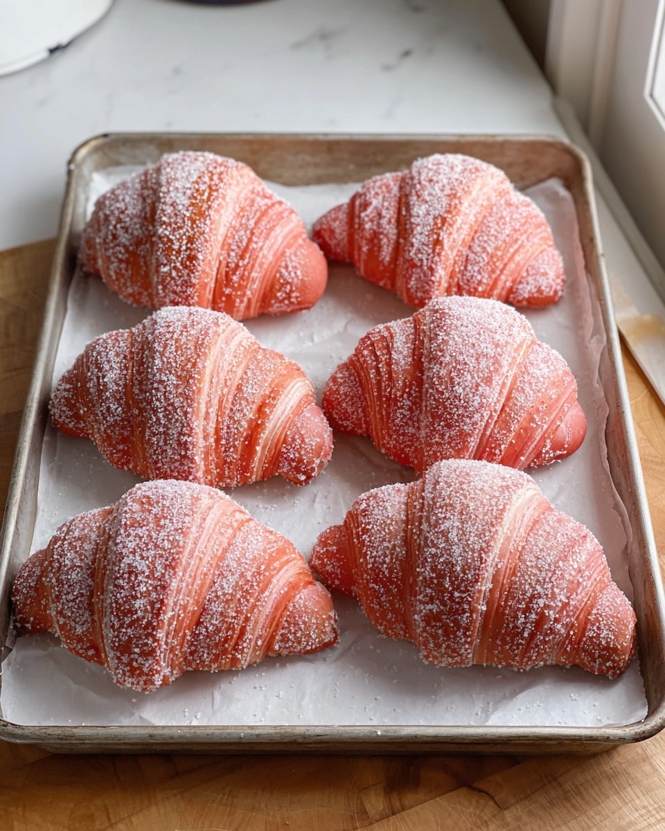 The image shows six croissants arranged on a tray lined with white parchment paper, placed on a wooden table. Each croissant has a bright pink color with visible layers of dough spiraled closely together, giving a textured and flaky look. They are coated evenly with a dusting of white powdered sugar, adding a slightly rough texture on the surface. The background is a clean kitchen setting with light walls and cabinets, all set against a white marbled texture. Photo taken with an iphone --ar 4:5 --v 7