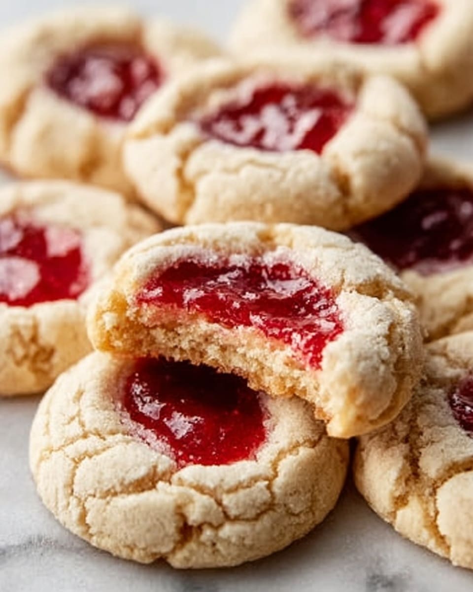 The image shows a close-up of a pile of cookies on a white marbled surface. Each cookie has a light golden-brown base layer with a soft and slightly cracked texture. On top, there is a jar of bright red jam or jelly, visible in the center of each cookie, some slightly spread out and some more contained. One cookie in the front is bitten to show its inside, which reveals the same jam layer and a thicker, chewier cookie base. The cookies appear soft and slightly chewy with a homemade look. The lighting is natural, highlighting the texture and color of the jam and cookie dough. Photo taken with an iphone --ar 4:5 --v 7