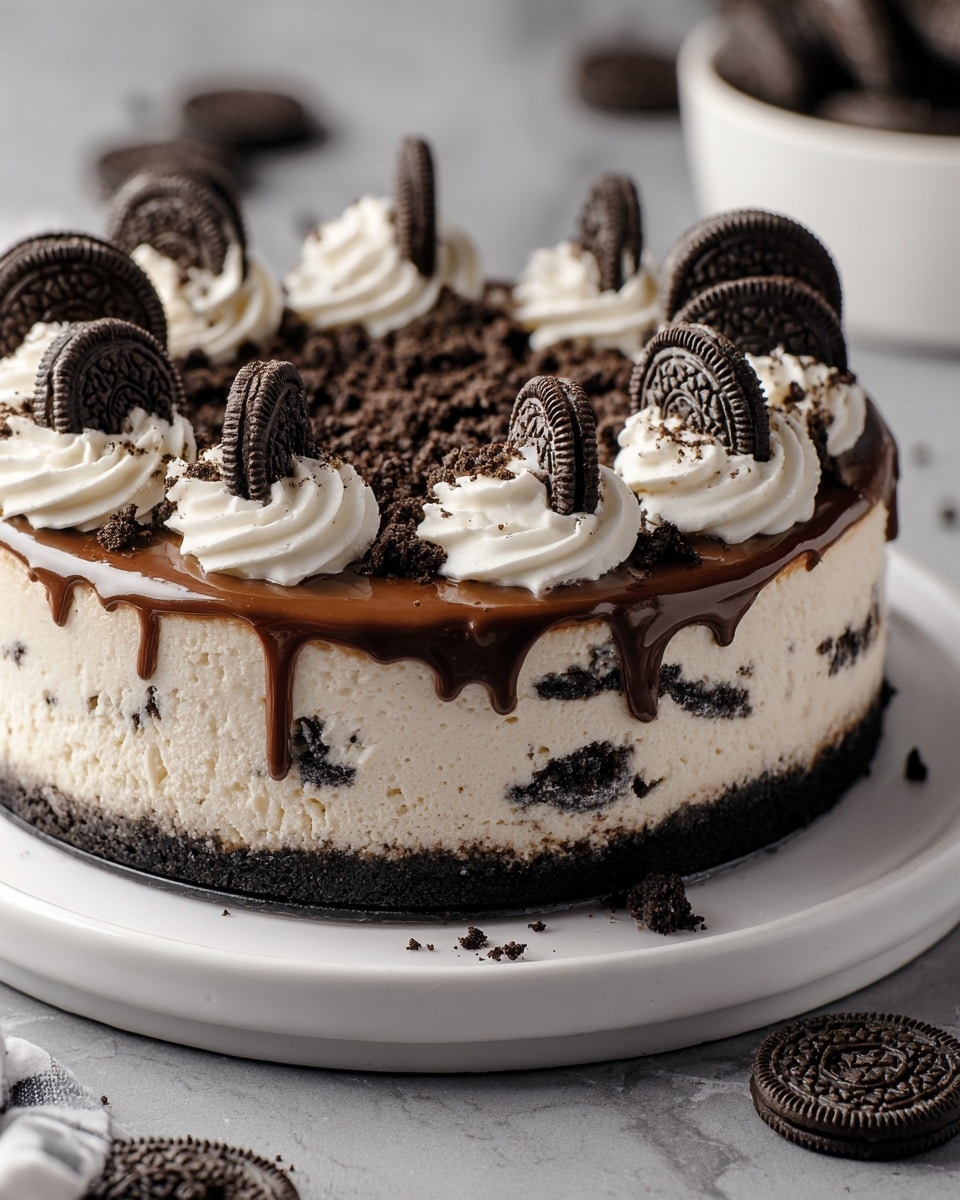 A round Oreo cheesecake features three clear layers: a dark, crumbly Oreo crust at the bottom, a thick creamy white cheesecake middle mixed with Oreo pieces, and a glossy chocolate sauce layer dripping slightly down the sides on top. Around the edge of the top layer, there are evenly spaced small mounds of white whipped cream, each holding a halved Oreo cookie standing upright with some Oreo crumbs sprinkled around them. The cake sits on a white plate against a white marbled texture background, with a few whole Oreo cookies scattered nearby. photo taken with an iphone --ar 4:5 --v 7