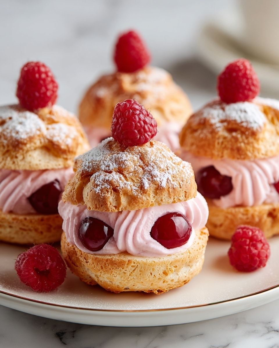 Four cream puffs sit on a white plate with a thin gold rim, placed on a white marbled surface. Each cream puff has three visible layers: the bottom layer is a light golden-brown choux pastry with a hollow, airy texture; the middle layer is a smooth, soft pink cream; the next layer above the cream is a glossy, deep red cherry filling with whole cherries visible; the top layer is another golden-brown choux pastry cap dusted with powdered sugar. Each cream puff is topped with a single bright red raspberry. Two raspberries are also placed directly on the marbled surface near the plate. Photo taken with an iphone --ar 4:5 --v 7