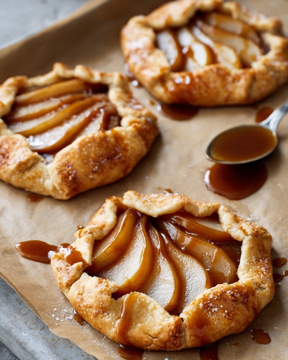 Three mini galettes are shown on parchment paper over a white marbled surface. Each galette has a golden-brown, flaky crust, dusted lightly with sugar crystals, folded around a center of thinly sliced, caramel-colored cooked apples arranged in overlapping layers. The apples have a glossy finish from a rich, amber caramel sauce that is drizzled generously over them and spilling slightly onto the parchment. One galette in the back has a silver spoon resting inside, partially covered in the caramel sauce. photo taken with an iphone --ar 4:5 --v 7