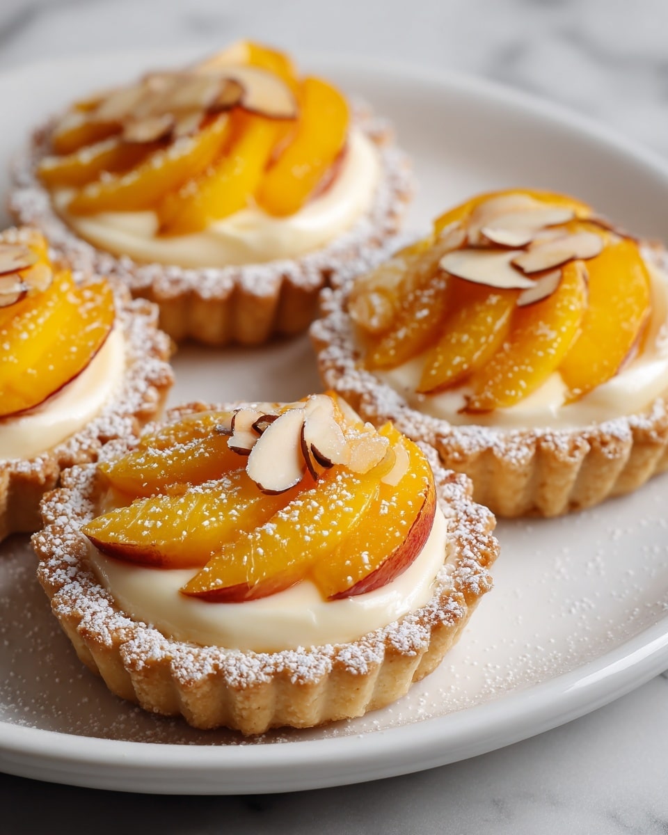 Four small tartlets are arranged on a white plate with a white marbled background. Each tartlet has a golden-brown fluted crust dusted lightly with powdered sugar. Inside the crust is a smooth, creamy pale yellow layer of custard filling. On top, there are thin, shiny slices of bright yellow peach neatly fanned out in a circular pattern. Some tartlets have a few toasted almond slices scattered on the fruit, dusted with more powdered sugar. The texture looks fresh and delicate. Photo taken with an iphone --ar 4:5 --v 7