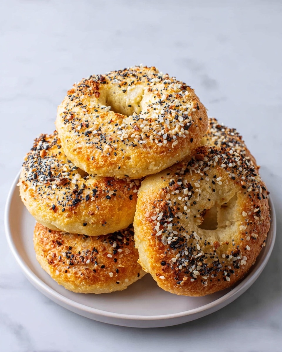 Four golden brown bagels with a rough, crumbly texture are stacked neatly on a white plate. Each bagel has a hollow center and is topped with a generous layer of mixed black and white sesame seeds, along with bits of coarse salt. The crust appears slightly crispy with scattered seeds giving a crunchy look, while the insides hint at a soft and dense crumb. The plate rests on a white marbled surface, enhancing the bright and simple presentation of the baked goods. photo taken with an iphone --ar 4:5 --v 7