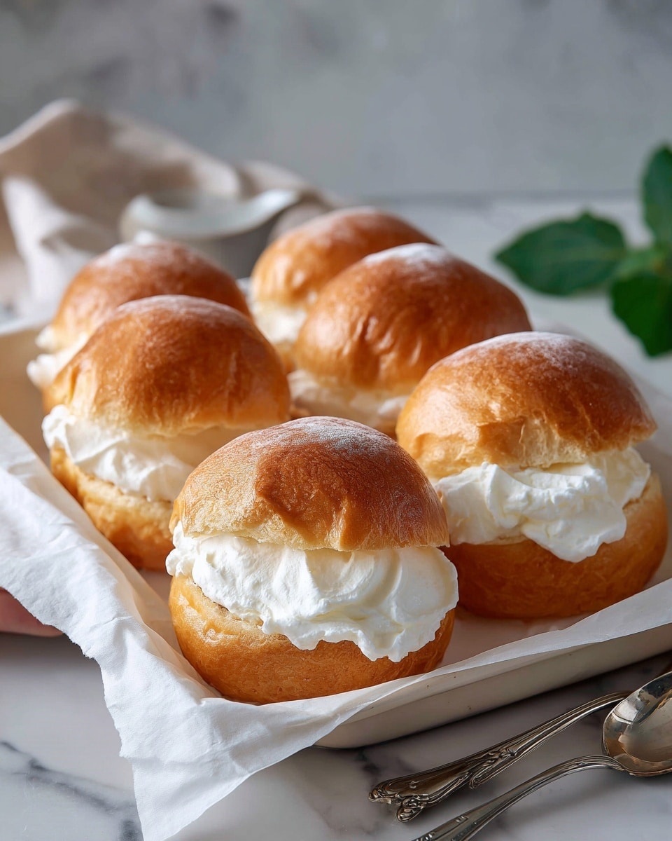 The image shows a white box containing five soft, round bread rolls, each cut halfway open and filled with a thick layer of white cream. The bread rolls have a golden-brown crust with a smooth, shiny surface and a soft inside. The white cream filling is thick, smooth, and slightly unevenly spread in the middle of each piece, creating a rich contrast against the warm color of the bread. The box is placed on a white marbled surface, next to two silver spoons and a small green leaf, while a woman's hand is slightly touching the box from the side. Photo taken with an iphone --ar 4:5 --v 7