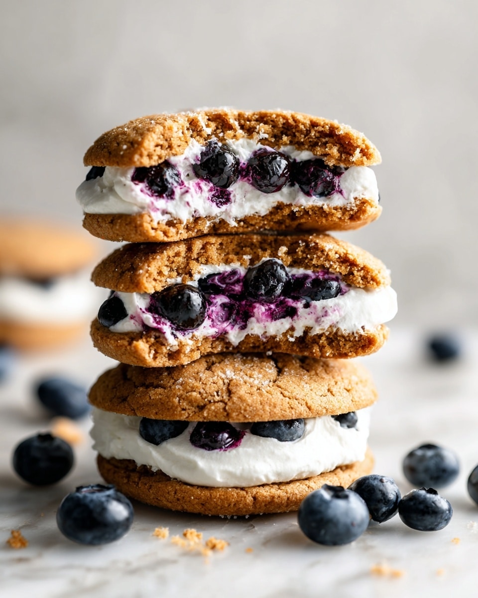 A stack of four soft cookies is shown, each broken in half to reveal the inside. The cookies have a light golden-brown color with a slightly crumbly texture. Inside, there is a creamy white layer filled with whole dark blue blueberries that have released some purple juice, creating veins of color inside the cream. The cookies are stacked vertically on a white marbled surface with a few fresh blueberries scattered around the base. The background is softly blurred in pale colors. Photo taken with an iphone --ar 4:5 --v 7