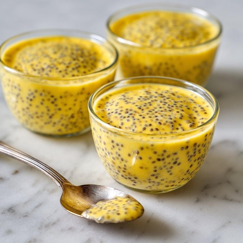 Three small glass bowls are filled with pale yellow lemon chia seed pudding, each showing a smooth texture dotted with tiny black chia seeds evenly spread throughout. The bowls are placed on a white marbled surface with soft, natural light highlighting the creamy and slightly glossy pudding. In another part of the image, a close-up of a spoon scooping the pudding shows its thick, creamy consistency and visible chia seeds. The overall color theme is light yellow and black seeds, with clear glass bowls, and a clean white marbled background. Photo taken with an iphone --ar 4:5 --v 7