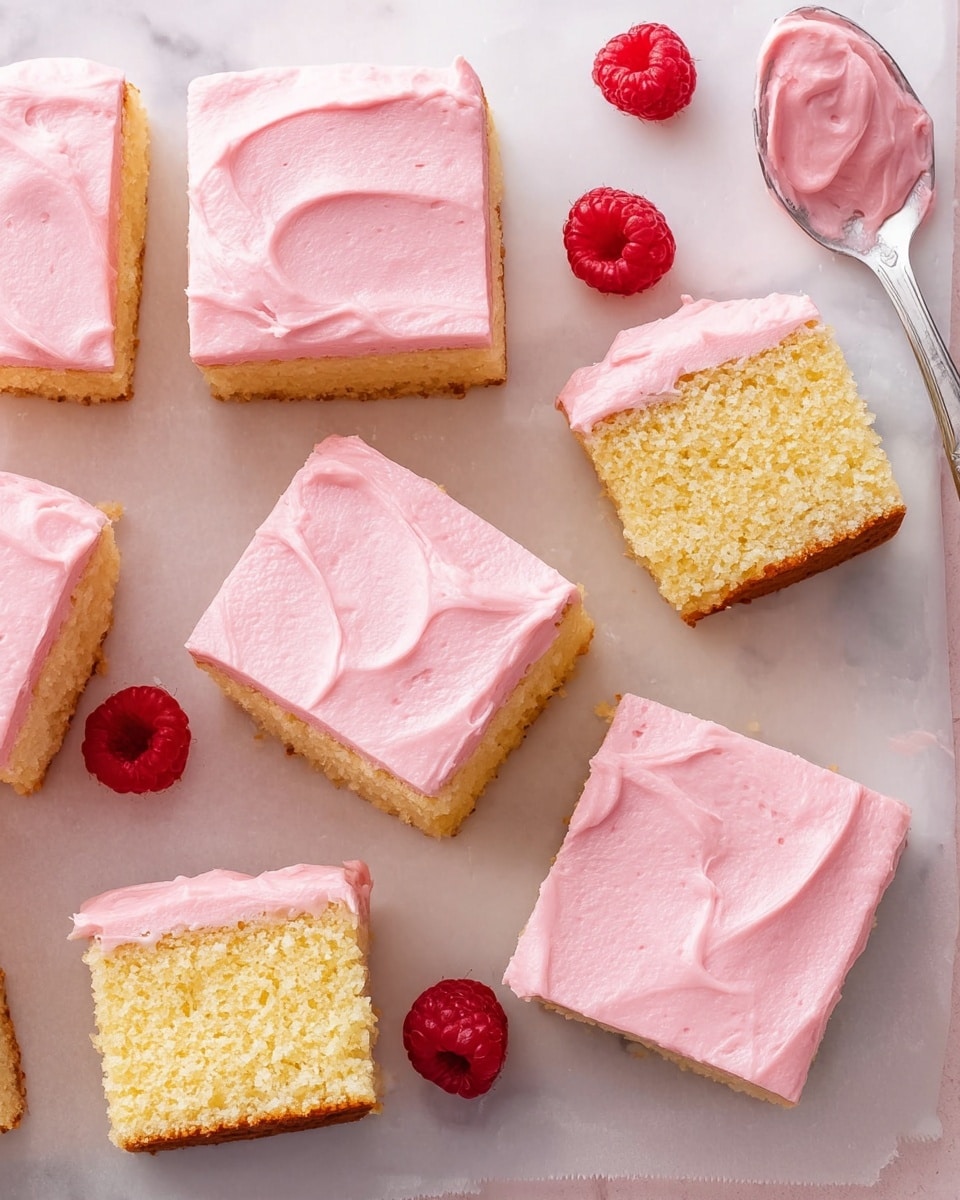 Nine square pieces of cake are laid out on white parchment paper over a white marbled surface. Each piece has two layers: a bottom layer of soft, light yellow cake with a crumbly texture, and a thick top layer of smooth, light pink frosting with visible small red specks and gentle swirls. Two pieces are turned on their sides, showing the inside of the cake clearly. A silver spoon with pink frosting on it rests on the right side of the image, and two fresh raspberries are placed near the cake pieces. photo taken with an iphone --ar 4:5 --v 7