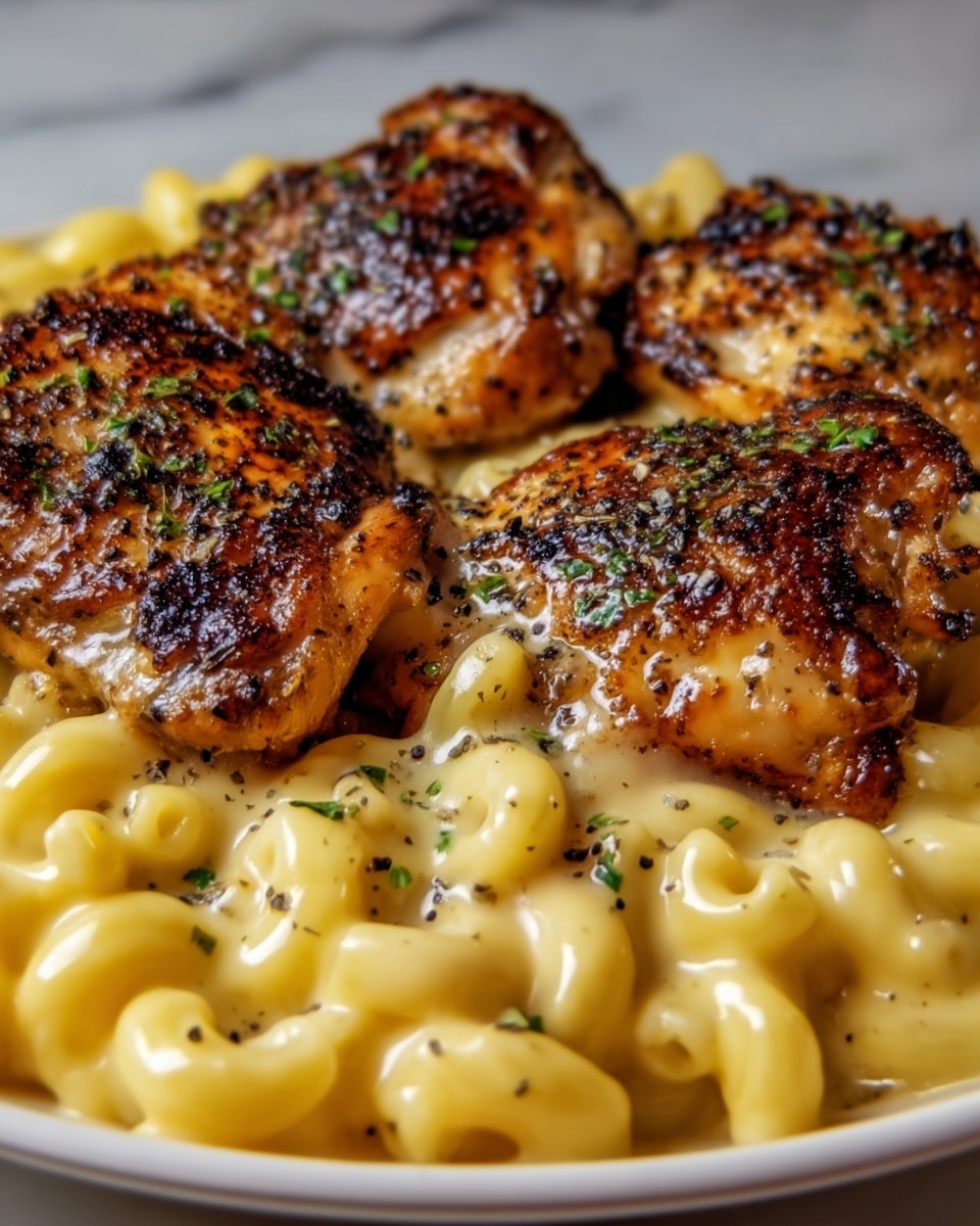 The dish shows three grilled chicken thighs with a golden-brown, slightly charred skin speckled with green herbs, sitting on top of a creamy yellow mac and cheese made of small pasta shells. The pasta has a smooth, cheesy texture with visible black pepper flakes scattered throughout. The food is served on a white plate, set against a white marbled surface in soft focus. photo taken with an iphone --ar 4:5 --v 7