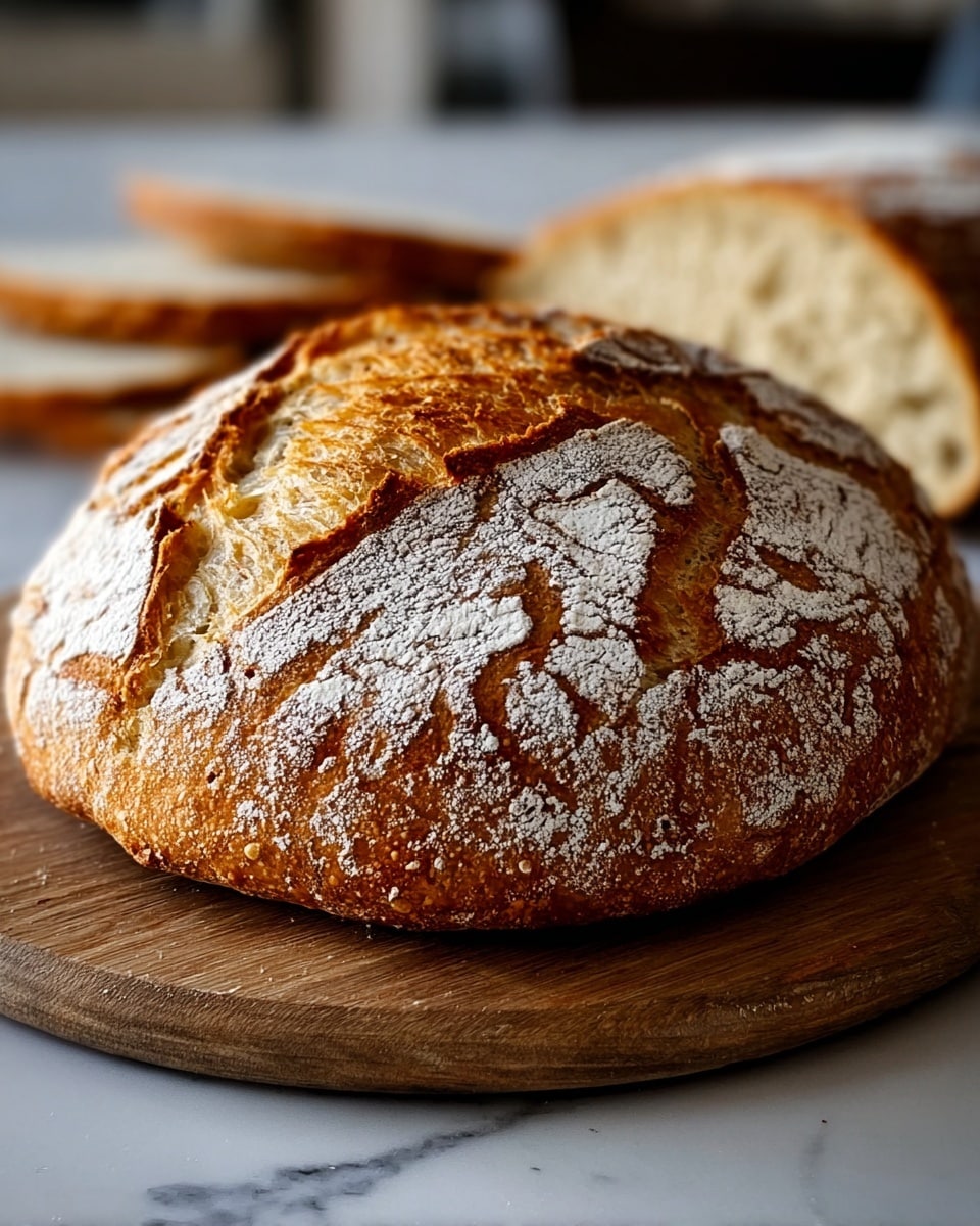 A round loaf of bread with a thick, golden brown crust sits on a wooden board. The crust is cracked in places, showing a soft, lighter yellow inside. White flour is dusted unevenly on top, creating a rough texture against the darker crust. In the background, there are a few slices of the same bread, with a light, soft inside and a brown crust. The whole scene is set on a white marbled surface. photo taken with an iphone --ar 4:5 --v 7