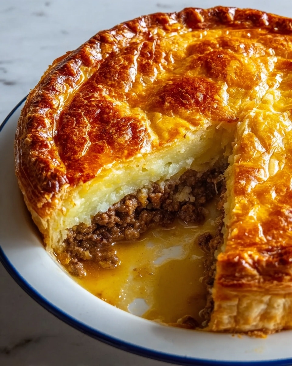 A close-up view of a meat pie with three visible layers, placed on a white plate with a thin blue rim, set on a white marbled surface. The top layer is a shiny, golden-brown, flaky crust with crimped edges and a slightly uneven texture from baking. Below the crust is a thick, light yellow mashed potato layer. The bottom layer shows dark brown cooked minced meat mixed with some orange juice or broth leaking onto the plate, giving a moist look. Part of the pie is cut away, revealing the layers inside. Photo taken with an iphone --ar 4:5 --v 7
