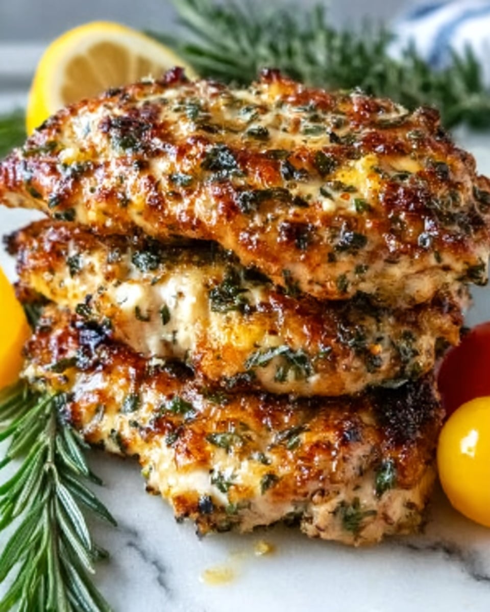 The image shows a stack of four golden-brown grilled chicken pieces placed closely on a white plate, each piece covered with a mix of herbs and melted cheese, giving a crispy and textured surface with some green and white specks. The chicken looks juicy with charred edges and small bits of garlic and parsley on top, while a yellow lemon wedge and green rosemary sprigs are positioned around the pile. The background is a white marbled texture, making the colors of the chicken and garnishes stand out clearly. Photo taken with an iphone --ar 4:5 --v 7