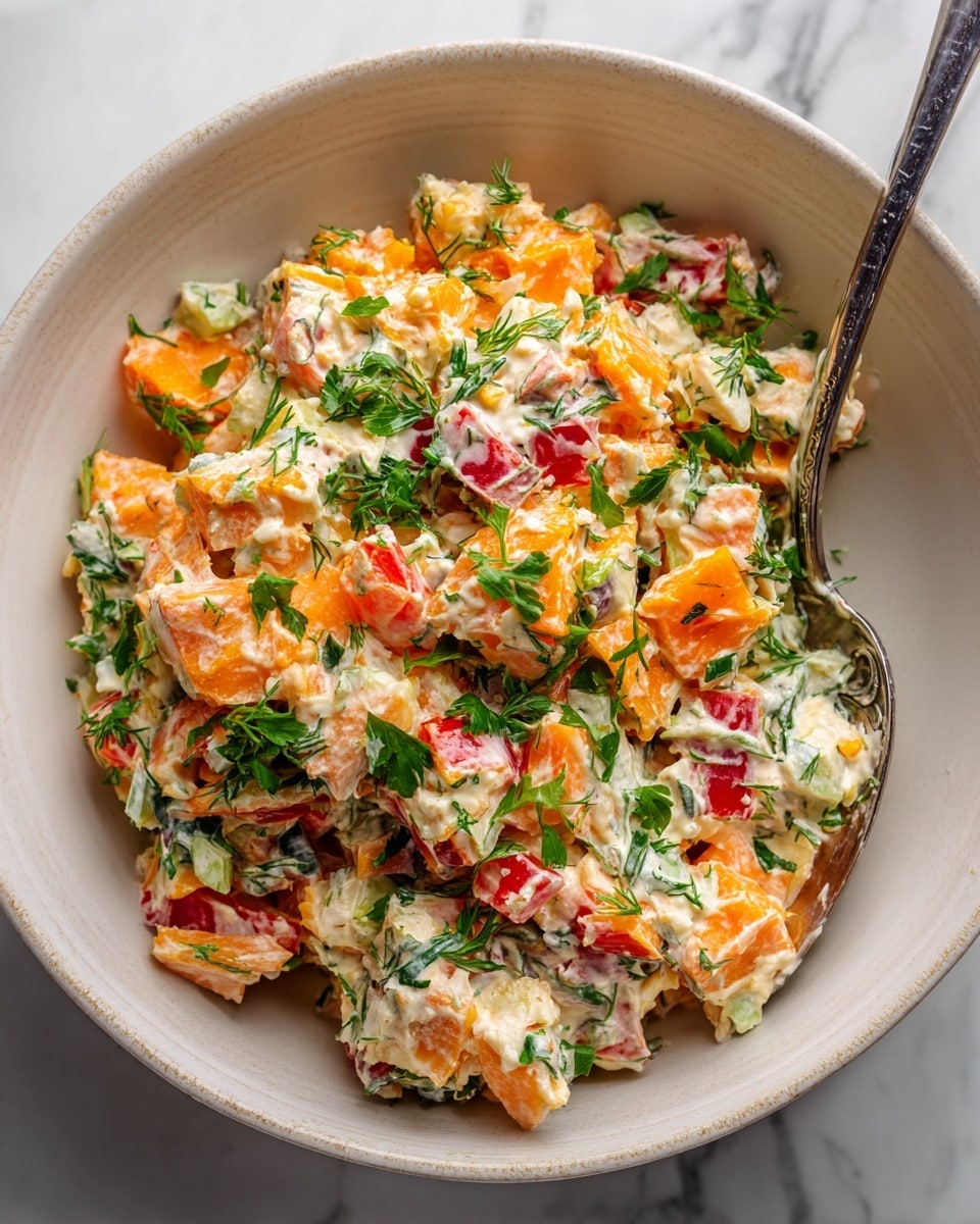 A close-up of a thick salad in a white bowl with a beige texture inside, showing three main layers: small diced orange carrots, diced red bell peppers, and chopped leafy green herbs mixed evenly with creamy white dressing. The salad is sprinkled with fresh green herbs on top, creating a fresh look. A silver spoon rests inside the bowl on the right, partly covered by the salad. The bowl is placed on a white marbled surface. Photo taken with an iphone --ar 4:5 --v 7