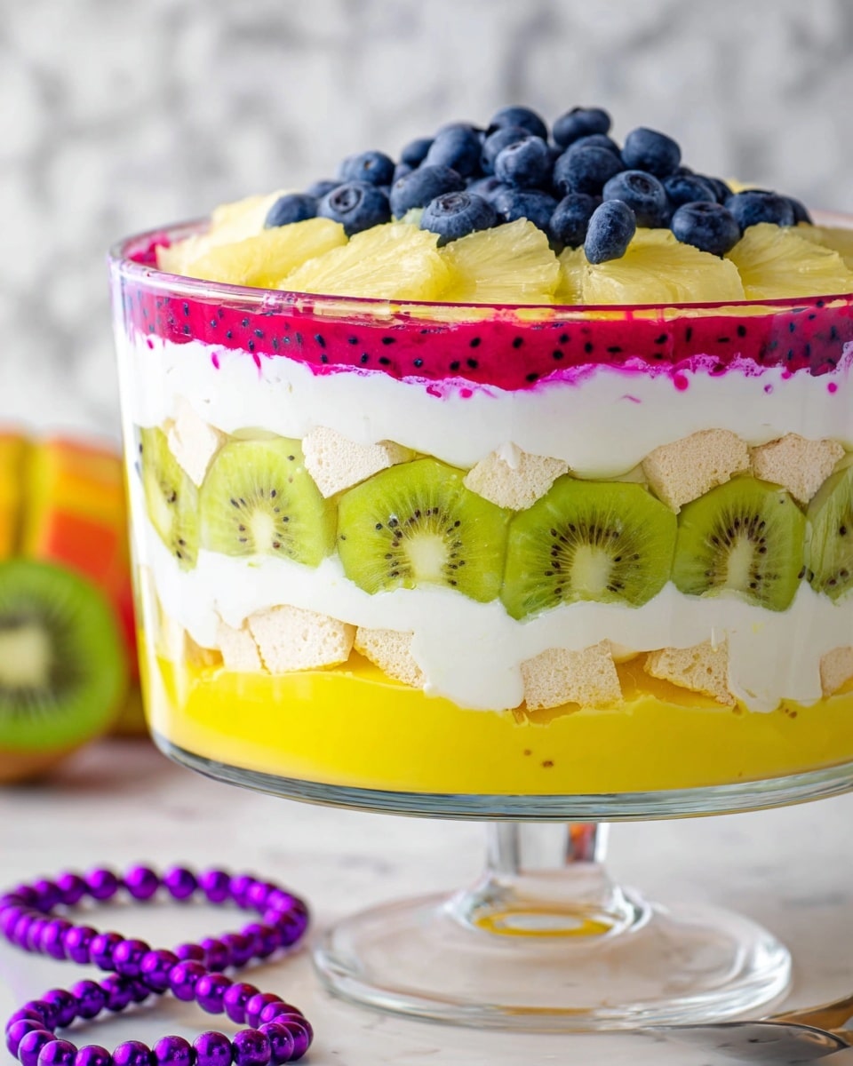 A clear glass bowl trifle with five distinct layers stands on a white marbled surface. At the bottom, there is a smooth white cream layer followed by a bright yellow jelly layer. Above the jelly, slices of green kiwi with visible seeds form a textured and fresh layer. On top of that, another smooth white cream layer supports a translucent yellow jelly layer with wedges of pale yellow pineapple embedded, showing a slightly bubbly texture. The dessert is finished with a thick top layer of dark pink-red dragon fruit slices around the edge, filled with a dense pile of plump, dark blue blueberries in the center. Photo taken with an iphone --ar 4:5 --v 7