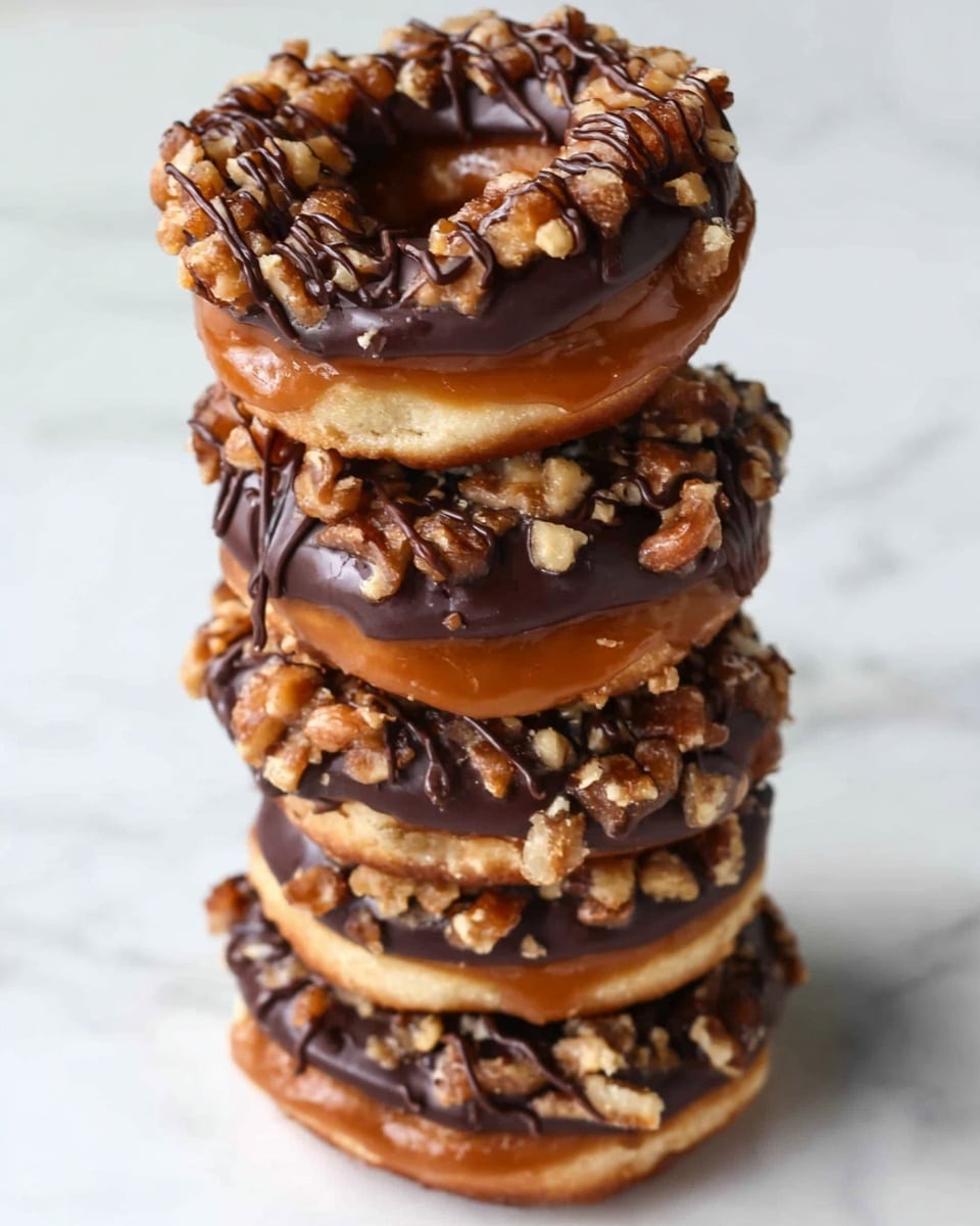 A stack of six round doughnuts with a hole in the middle is shown on a white marbled surface. Each doughnut has a bottom layer coated in dark chocolate, smooth and glossy, and a top layer covered with a sticky caramel glaze mixed with small pieces of chopped nuts that give a rough texture. Drizzles of dark chocolate are visible on top of the caramel and nuts, adding extra color contrast and texture. The doughnuts are aligned vertically, creating a tall, inviting tower of treats. Photo taken with an iphone --ar 4:5 --v 7