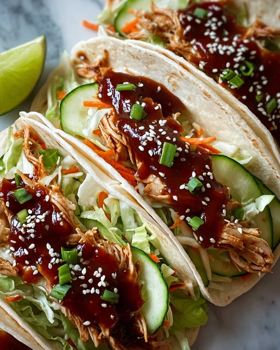 The image shows several small white soft tacos filled with layers of shredded chicken coated in a dark brown sauce with sesame seeds sprinkled on top. The chicken is placed on a bed of shredded lettuce and thin carrot strips. Sliced fresh cucumber rounds are added, along with green onion pieces and fresh cilantro leaves scattered on top. A slice of lime is visible on the side. The tacos are arranged closely together on a white marbled surface. Photo taken with an iphone --ar 4:5 --v 7