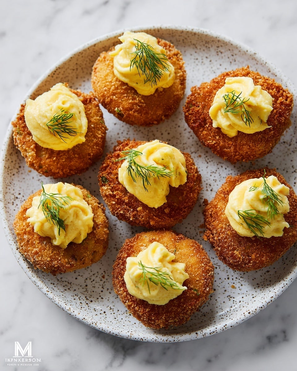 The image shows seven breaded and fried round pieces arranged on a white speckled plate, placed on a white marbled surface. Each piece has a crunchy golden brown crust as the bottom layer, topped with a dollop of yellow creamy topping that looks piped with swirls. A small green sprig of dill sits on top of each topping, adding a fresh accent. The photo has a close-up view highlighting the texture and colors of the food. Photo taken with an iphone --ar 4:5 --v 7