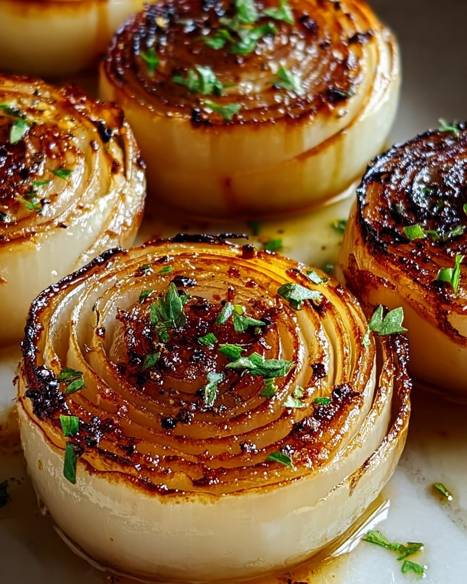 A close-up image of thick onion slices, about five layers visible, each with a golden-brown caramelized top layer and soft translucent white layers underneath, showing a slight shine from cooking oil. The browned edges have a crisp texture with black pepper specks, and fresh green parsley pieces sprinkled on top add a fresh touch. The onions sit on a surface with a white marbled texture, reflecting light softly. The image captures the rich, warm colors of the cooked onions and the freshness of the herbs. Photo taken with an iphone --ar 4:5 --v 7