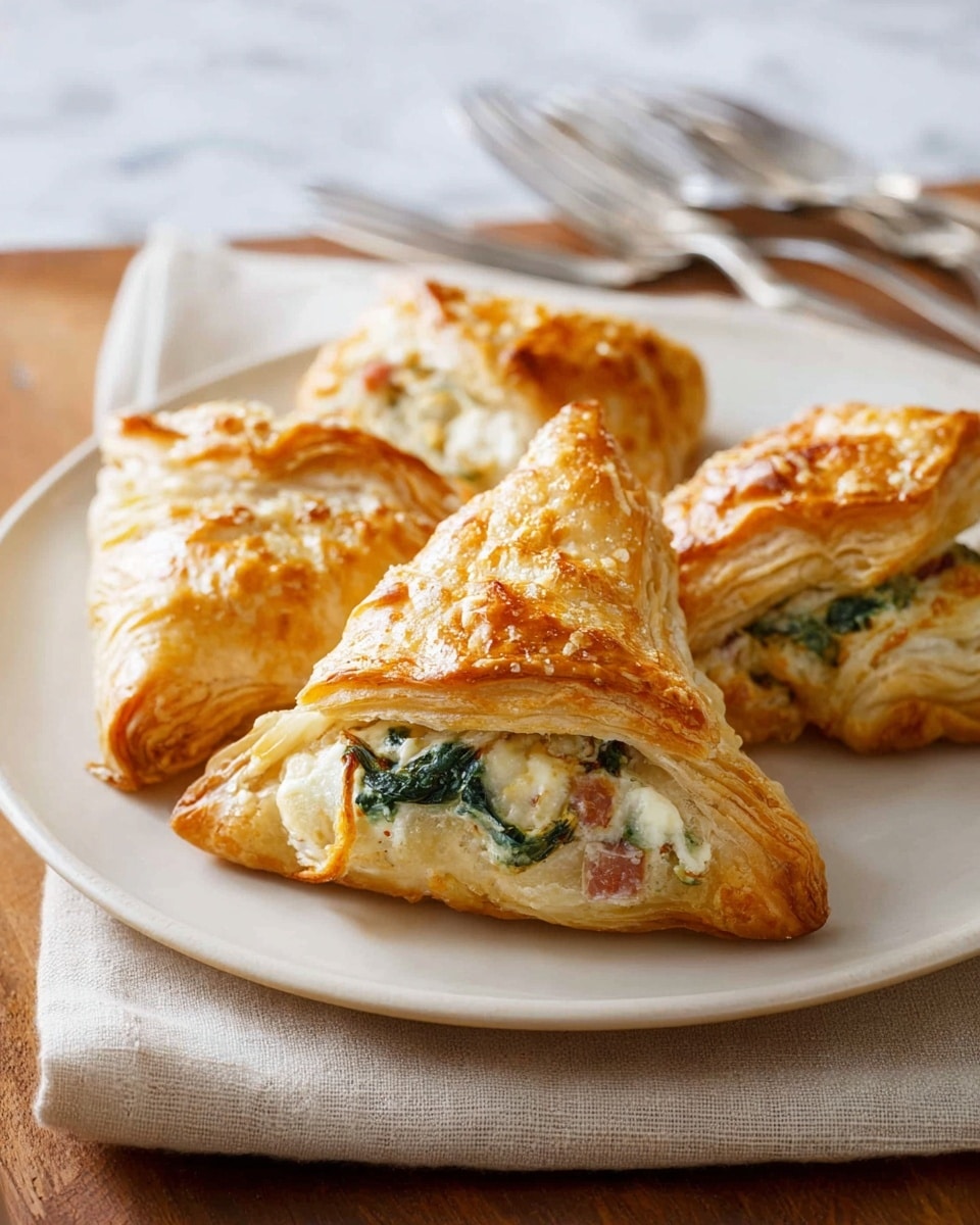 A white plate holds three golden-brown puff pastries with a triangular shape, each pastry showing flaky, crispy, and lightly browned layers on the outside. The puff pastries have an inner filling visible through the open tops, showing creamy white cheese mixed with green spinach and small bits of ham or bacon. The puff pastry edges are folded upwards, creating a raised border around the creamy filling. The plate is placed on a white marbled surface, with a folded light beige cloth and silver forks in the background. Photo taken with an iphone --ar 4:5 --v 7