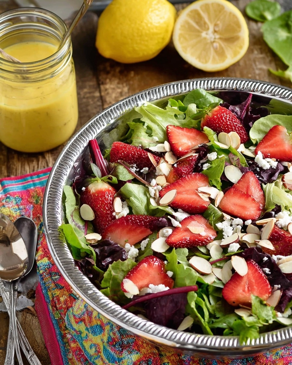 A fresh mixed green salad is shown in a silver, round bowl with a patterned edge. The salad has one main layer of various leafy greens in different shades of green and dark purple, topped evenly with bright red sliced strawberries, small white crumbles of cheese, and light beige slivers of almonds. The textures range from the soft leaves to the juicy strawberries and crunchy almond pieces. The bowl is placed on a white marbled surface with a colorful cloth partially visible beneath it. Nearby are a white bowl of strawberries, a glass jar with yellow dressing, and half a lemon. Photo taken with an iphone --ar 4:5 --v 7