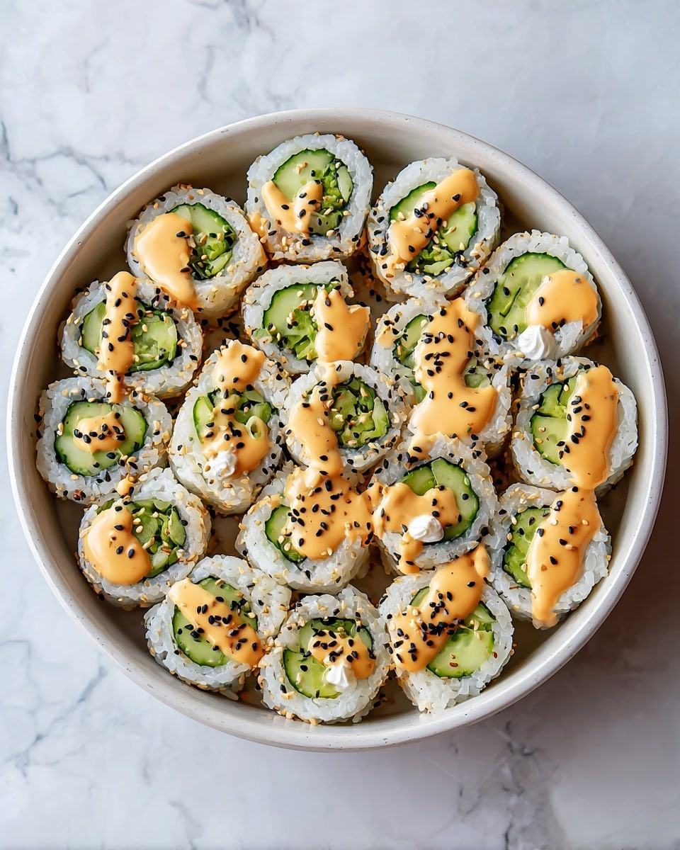 A round white bowl filled with sushi rolls arranged in neat rows. Each sushi roll has an outer layer of white rice, filled with bright green cucumber slices visible in the center and on top. Over the rolls, there is a creamy orange sauce drizzled generously, and small dollops of a lighter creamy topping. Black sesame seeds are sprinkled over the top, adding contrast and texture. The bowl rests on a surface with a white marbled texture, giving a clean and fresh look. photo taken with an iphone --ar 4:5 --v 7