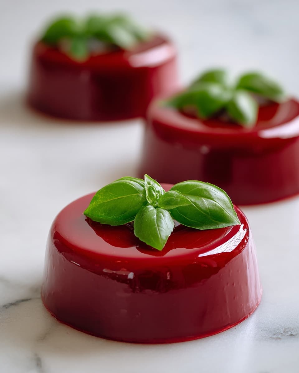 The image shows three round tomato panna cotta desserts placed on a white marbled surface. Each panna cotta has one smooth, shiny red layer with a glossy texture. The top of each dessert is garnished with fresh, bright green basil leaves, adding a leafy texture that contrasts with the smoothness below. The main panna cotta is in the foreground, with two more blurred shapes of the same dessert in the background, creating depth. Photo taken with an iphone --ar 4:5 --v 7