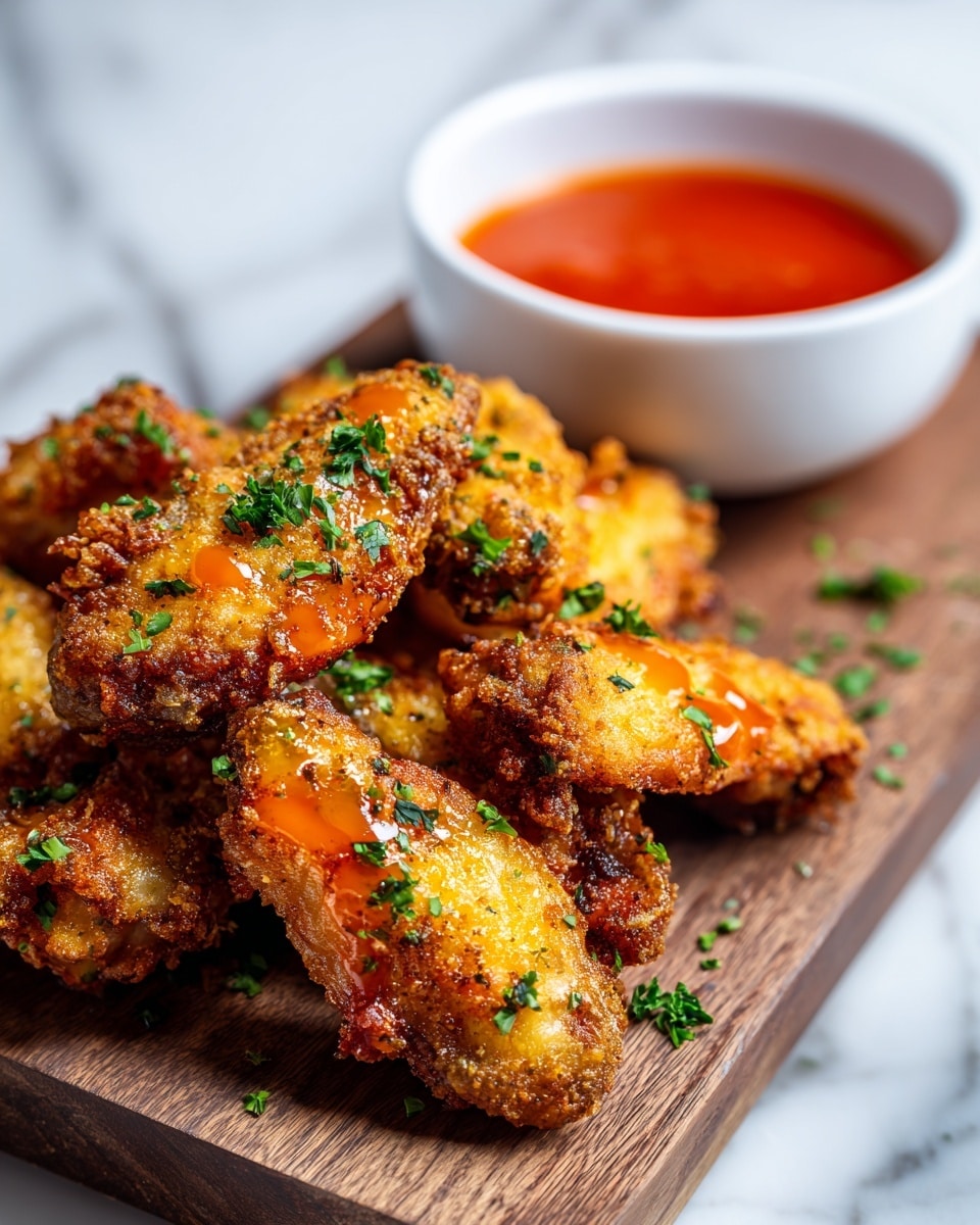 A wooden board sits on a white marbled surface, holding a pile of golden brown fried chicken wings with a crunchy texture. Some wings have a few drops of bright orange sauce on them, with small bits of green parsley scattered over the wings and around the board. In the background, slightly out of focus, there is a white bowl filled with smooth red dipping sauce. Photo taken with an iphone --ar 4:5 --v 7