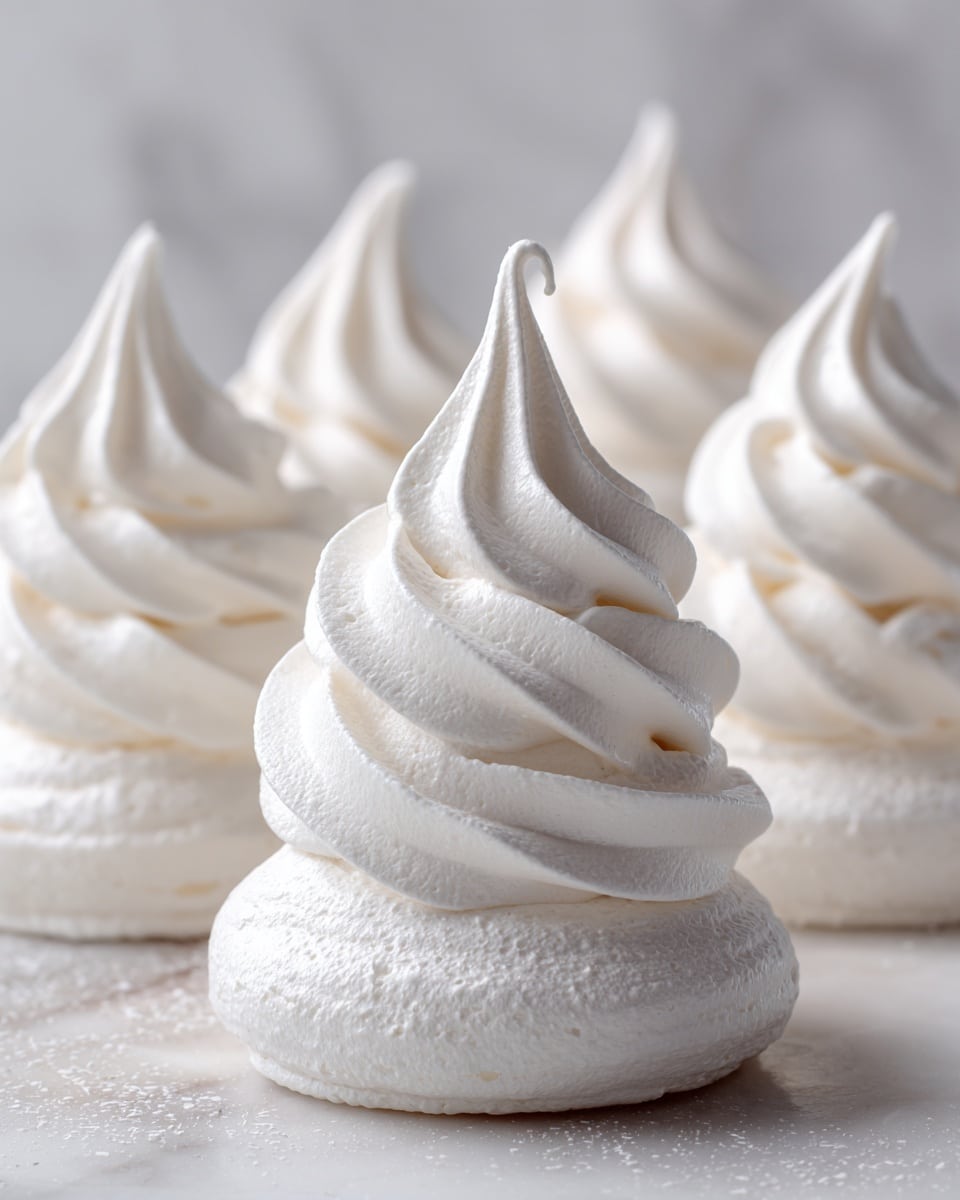 The image shows a group of white, soft meringue cookies arranged in neat rows on a smooth, flat white board placed on a white marbled surface. Each meringue has a single layered swirl with sharp, well-defined ridges that twist upward to a delicate peak. The texture is light and airy with a slightly glossy finish, and the uniform size and shape create a clean and elegant presentation. Photo taken with an iphone --ar 4:5 --v 7