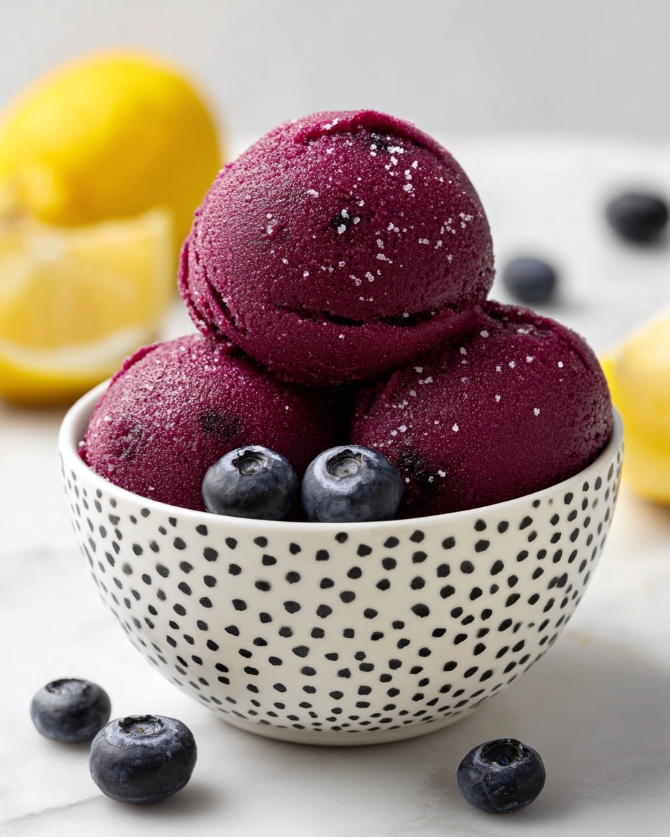 A white bowl with small gold dots is filled with three shiny dark purple scoops of blueberry ice cream, each scoop showing a smooth texture with tiny dark spots of blueberries. In between the scoops, there are a few whole fresh blueberries adding a dark blue contrast. A bright yellow lemon wedge is placed at the back of the bowl, partially hidden behind the ice cream. The bowl sits on a white marbled surface, with a few scattered blueberries nearby. photo taken with an iphone --ar 4:5 --v 7