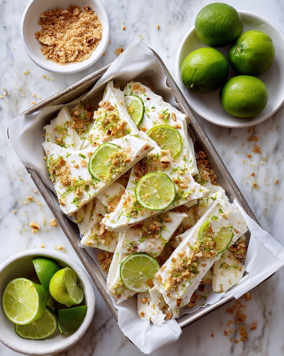 The image shows a metal tray lined with white parchment paper filled with broken triangular pieces of creamy white bark that have a rough texture on top with toasted brown bits and green lime zest. Bright green lime slices are scattered among the bark pieces, adding color contrast. Around the tray, there are small white bowls, one with crumbly light brown powder and another with whole green limes, all set on a white marbled surface. The overall look is fresh and crunchy, with colors of white, brown, and green. photo taken with an iphone --ar 4:5 --v 7