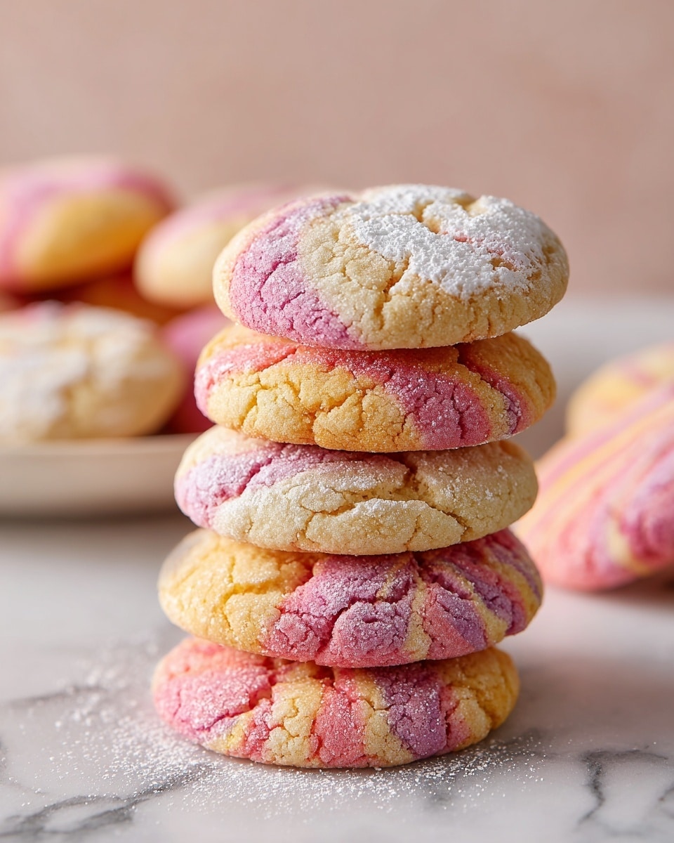 A close-up view of a stack of soft cookies on a white marbled surface, with four cookies creating the base and three cookies stacked on top, each cookie showing a marbled pattern of pink, yellow, and light cream colors swirled together. The cookies have a slightly cracked texture and are dusted with a light layer of powdered sugar. In the background, there is a white plate holding more similarly colored cookies, all set on the same white marbled surface. The scene is softly lit, highlighting the soft, sugary texture of the cookies. photo taken with an iphone --ar 4:5 --v 7