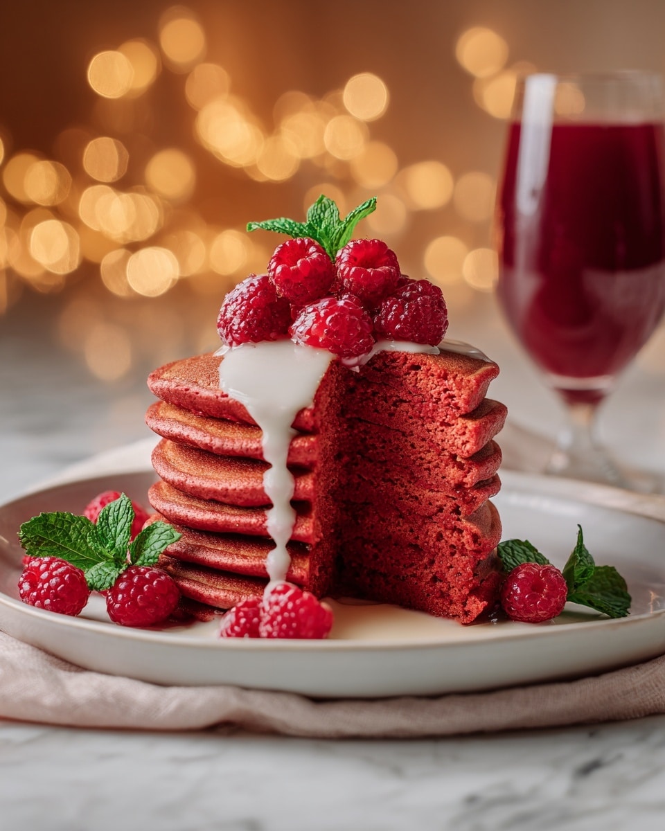 A stack of seven thick red pancakes on a white plate, each pancake showing a soft, porous texture with a deep red color. The pancakes are topped with a layer of white cream that flows down the sides in smooth, thick drips. On top of the cream, there are several fresh red raspberries with fine details and a small green mint leaf in the center. Around the plate, there are a few extra raspberries and small green leaves adding a fresh look. The plate rests on a light-colored cloth on a white marbled surface, with a blurred background featuring warm bokeh lights and a tall glass of dark red liquid. photo taken with an iphone --ar 4:5 --v 7
