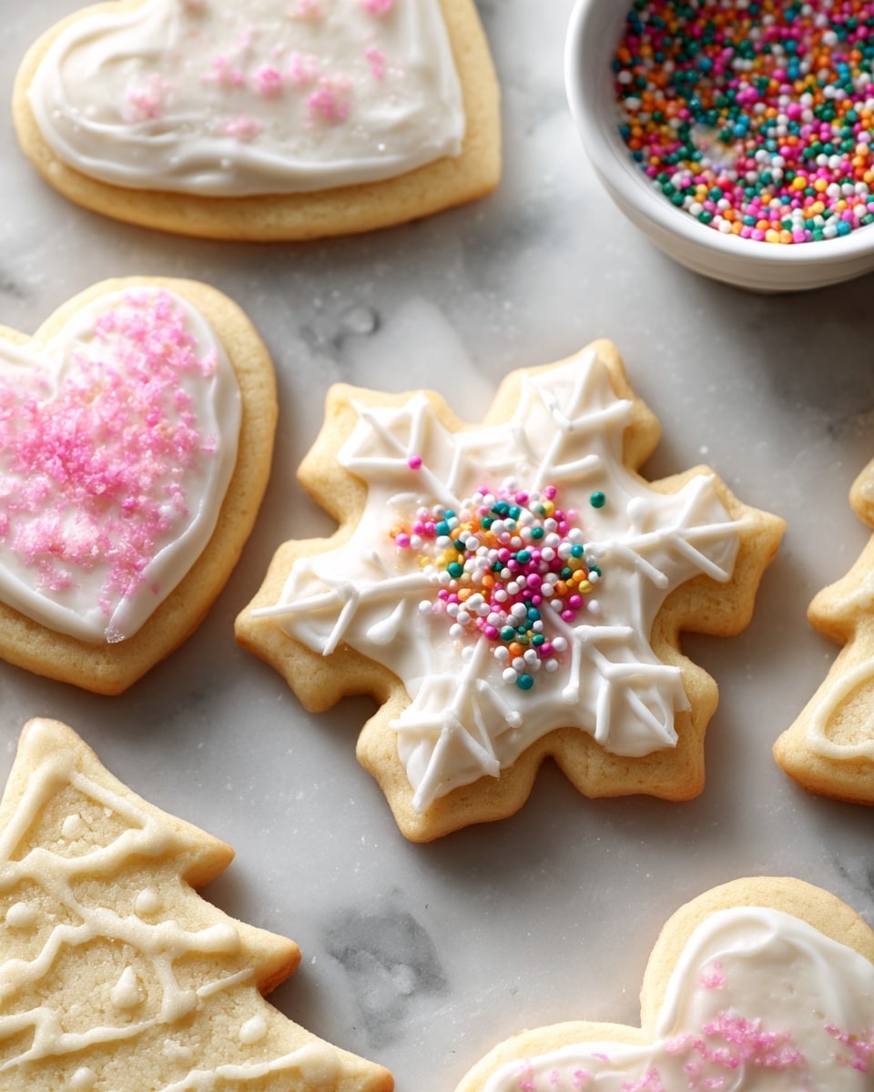 The image shows a close-up of several sugar cookies on a white marbled surface. The cookies are shaped like hearts, snowflakes, and trees. Each cookie has one layer of smooth white icing on top. Some cookies have pink sprinkles scattered across the white icing, while one snowflake cookie has bright multicolored round sprinkles concentrated in the middle. The textures of the cookies are soft and slightly crumbly, and the icing looks creamy and smooth. A white bowl with colorful round sprinkles is visible in the upper right corner. Photo taken with an iphone --ar 4:5 --v 7