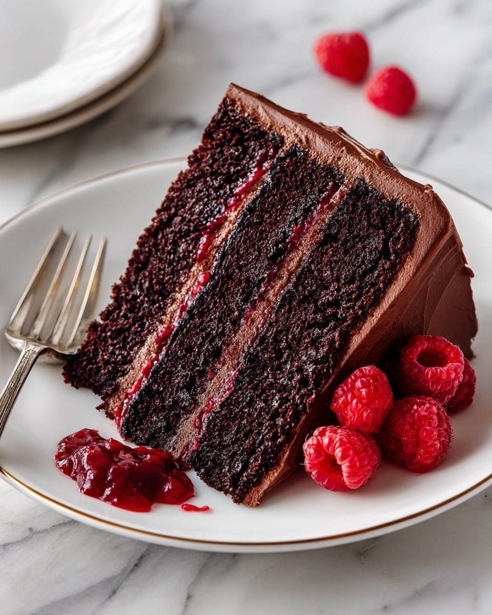 A slice of rich chocolate cake sits on a white plate with a thin gold rim, placed on a white marbled surface. The cake has three thick layers of dark, moist chocolate sponge separated by two layers of smooth, glossy red raspberry filling. The whole slice is lightly frosted with a thick layer of light brown chocolate cream, covering the top and sides. A few fresh raspberries rest beside the cake on the plate, and a shiny silver fork lies to the left. There are some red raspberry smudges on the plate near the slice. Photo taken with an iphone --ar 4:5 --v 7