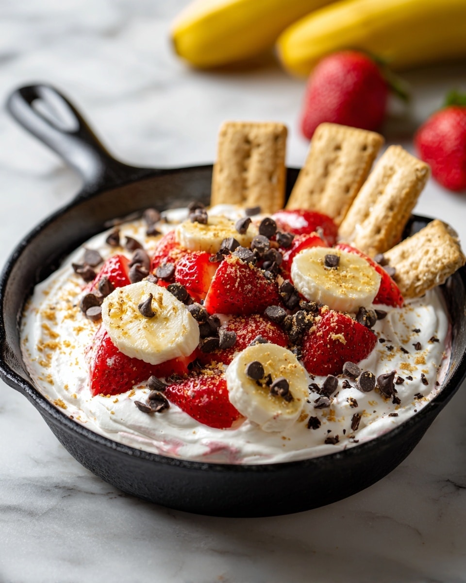 The image shows a black skillet filled with a layered dessert or snack. The bottom layer is melted white marshmallow spread unevenly, topped with scattered dark chocolate chips adding small dark brown dots. Over the marshmallow layer, there are bright red strawberry slices and round, light yellow banana chips placed evenly. Around the edges, whole rectangular graham crackers lean against the side of the skillet. The skillet rests on a colorful cloth and a white marbled surface, with some bananas blurred in the background. Photo taken with an iphone --ar 4:5 --v 7
